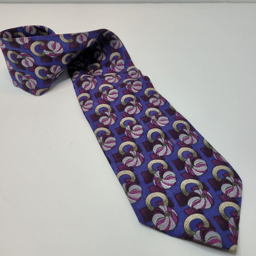 Geoffrey Beene, Blue/Gold/Gray/Red Silk Tie‎